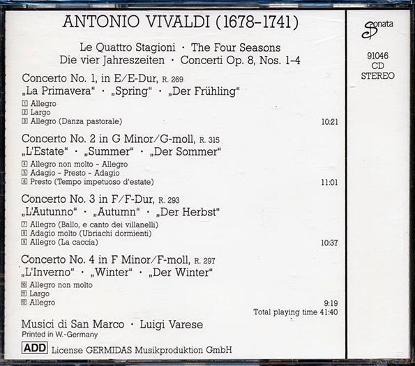 Antonio Vivaldi, Musici Di San Marco, Luigi Varese - The Four Seasons: Le Quattro Stagioni