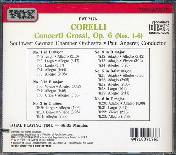 Arcangelo Corelli, Sudwestdeutsches Kammerorchester, Christoph Angerer, Wolfgang Rosch, Etc. - Concerti Grossi, Op. 6 (Nos. 1-6) (marked/ltd stock)