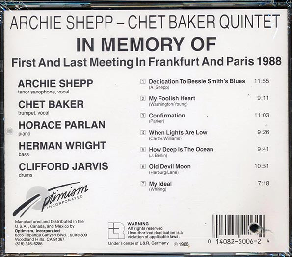 Archie Shepp & Chet Baker Quintet - In Memory Of (marked/ltd stock)