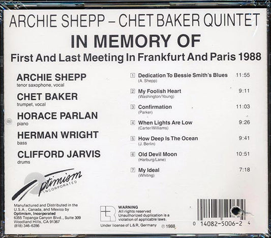 Archie Shepp & Chet Baker Quintet - In Memory Of (marked/ltd stock)