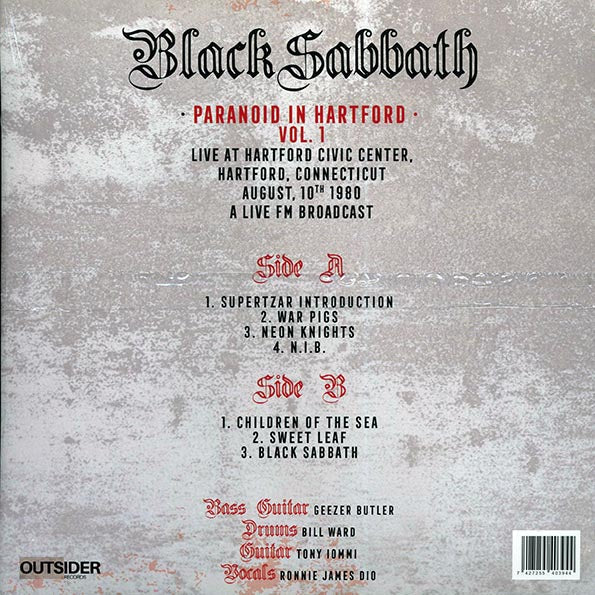Black Sabbath - Paranoid In Hartford Volume 1: Live At Hartford Civic Center, Hartford Connecticut August 10th 1980 (red vinyl)