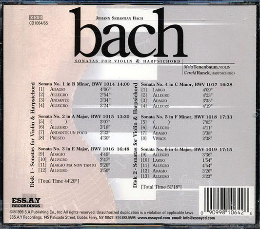 Johann Sebastian Bach, Mala Tenenbaum, Gerald Ranck - Sonatas For Violin And Harpischord (25 tracks) (2xCD)