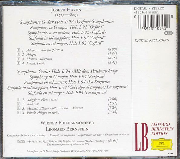 Joseph Haydn, Wiener Philharmoniker, Leonard Bernstein - Symphonien No.92 Oxford & No.94 Mit Dem Paukenschlag Surprise