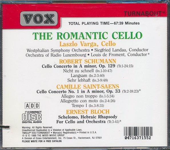 Schumann, Saint-Saens, Bloch - The Romantic Cello (marked/ltd stock)
