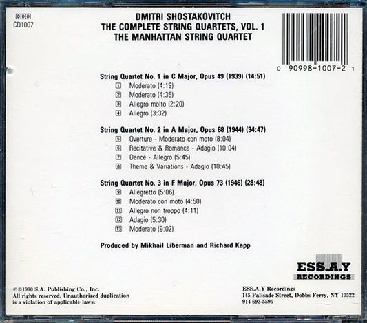 Shostakovitch, Manhattan String Quartet - Complete String Quartets, Vol. 1: Nos. 1, 2, & 3 (incl. large booklet)