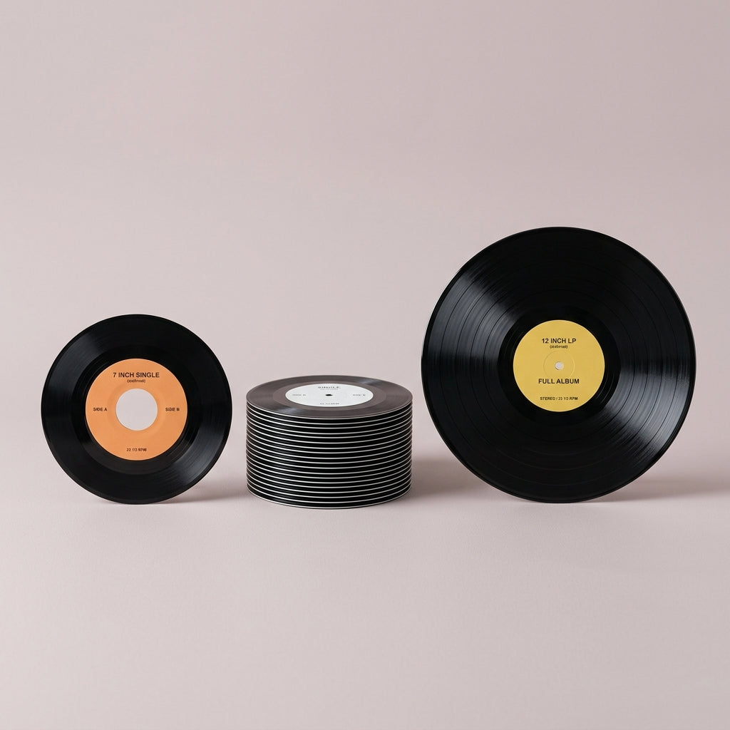 Vinyl Record Sizes & Speeds Guide: 7, 10, and 12 inch records standing