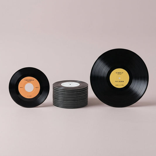 Vinyl Record Sizes & Speeds Guide: 7, 10, and 12 inch records standing