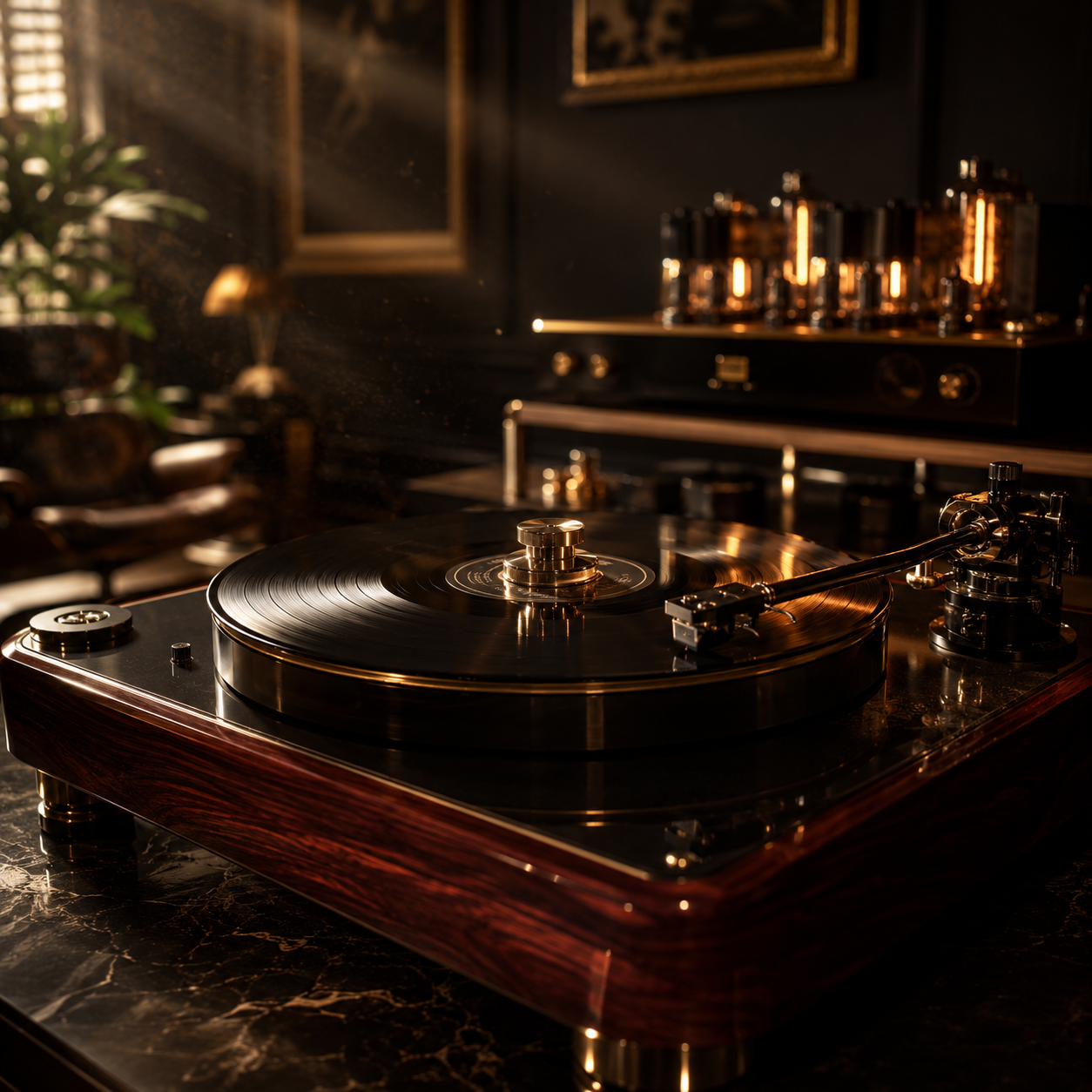 Close-up cinematic photograph of a premium vinyl record player with a glossy black record spinning on a dark mahogany platter inside a moody luxury listening lounge with glowing tube amplifiers and warm golden lighting.