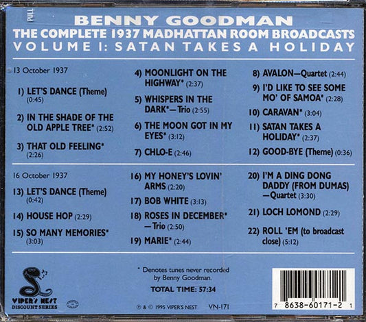 Benny Goodman - The Complete 1937 Madhattan Room Broadcasts Volume 1: Satan Takes A Holiday