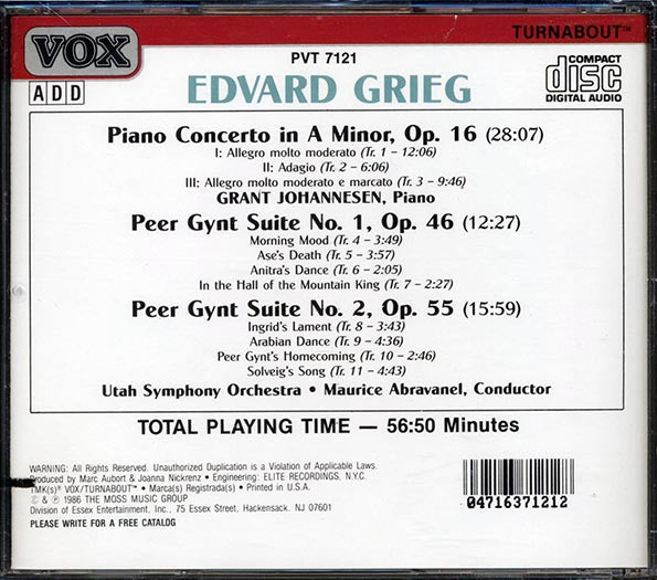 Edvard Grieg, Grant Johannesen, Utah Symphony Orchestra, Maurice Abravanel - Piano Concerto / Peer Gynt Suites (marked/ltd stock)