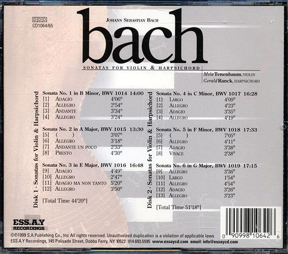 Johann Sebastian Bach, Mala Tenenbaum, Gerald Ranck - Sonatas For Violin And Harpischord (25 tracks) (2xCD)