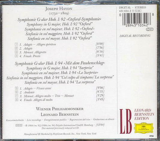 Joseph Haydn, Wiener Philharmoniker, Leonard Bernstein - Symphonien No.92 Oxford & No.94 Mit Dem Paukenschlag Surprise