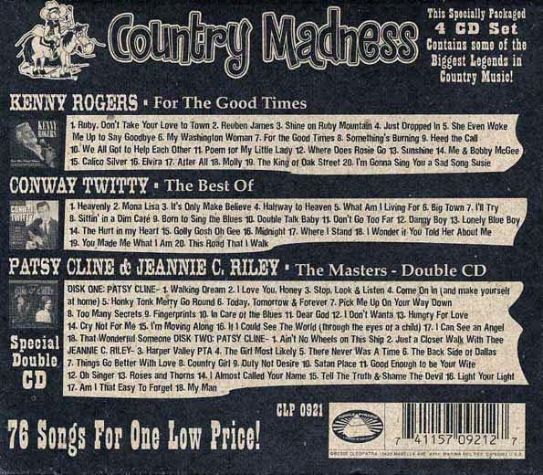 Kenny Rogers, Patsy Cline, Jeannie C Riley, Conway Twitty  - Country Madness (76 tracks) (4xCD) (box set)