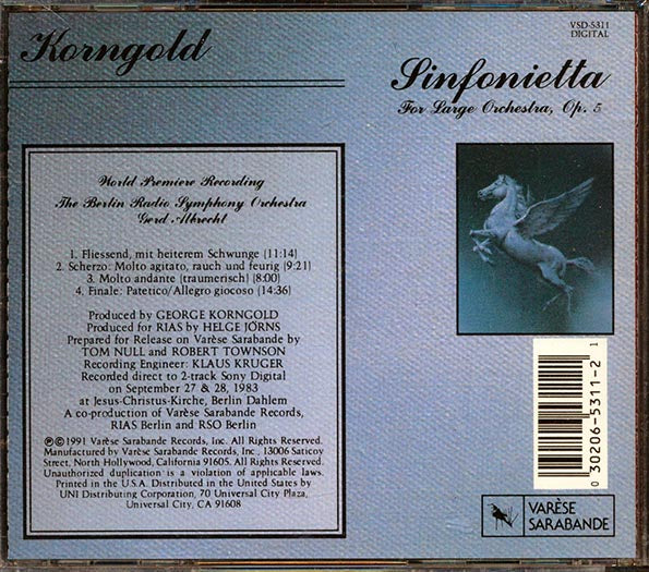 Korngold, Gerd Albrecht, The Berlin Radio Symphony Orchestra - Sinfonietta For Large Orchestra, Op. 5
