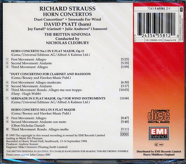Richard Strauss, David Pyatt, Joy Farrall, Julie Andrews, The Britten Sinfonia, Nicholas Cleobury - Horn Concertos / Duett Concertino / Serenade For Wind