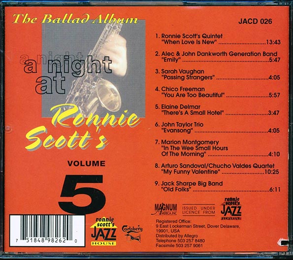 Sarah Vaughan, John Taylor, Ronnie Scott, Arturo Sandoval, Etc. - A Night At Ronnie Scott's Volume 5: The Ballad Album (marked/ltd stock)