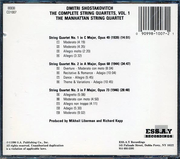 Shostakovitch, Manhattan String Quartet - Complete String Quartets, Vol. 1: Nos. 1, 2, & 3 (incl. large booklet)